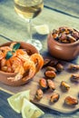 Fried shrimps and mussels with glass of white wine Royalty Free Stock Photo