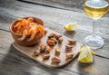 Fried shrimps and mussels with glass of white wine Royalty Free Stock Photo