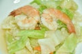 fried slice cabbage with shrimp in soy sauce on plate