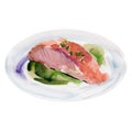 The fried slice of salmon with a broccoli sauce isolated on white background, watercolor illustration.