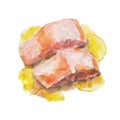 The fried slice of salmon with a lemon isolated on white background, watercolor illustration.