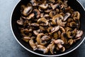 Fried and Sliced Cultivated Champignons Mushrooms in Pan. Royalty Free Stock Photo