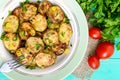 Fried slices of young zucchini with hot pepper, greens on a plate on a wooden background. Royalty Free Stock Photo