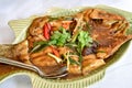 Fried snapper fish, Fish steamed in soy sauce, Traditional Chinese cooking style.