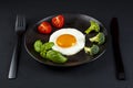 Fried soft-boiled egg on a black plate with fresh vegetables Royalty Free Stock Photo