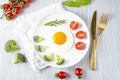 Fried soft-boiled egg on a white plate with fresh broccoli vegetables and tomatoes Royalty Free Stock Photo