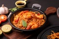 Fried Spaghetti or Fried Noodles Tomato sauce and prawns on a blue plate On a black wooden table top, top view Royalty Free Stock Photo