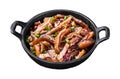 Fried spicy pork pig ears served in a frying pan. Isolated, white background. Royalty Free Stock Photo