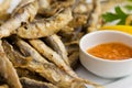 Fried sprat with souce Royalty Free Stock Photo