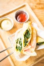 Fried spring roll with ham cheese and spinach vegetable Royalty Free Stock Photo