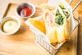 Fried spring roll with ham cheese and spinach vegetable Royalty Free Stock Photo