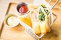 Fried spring roll with ham cheese and spinach vegetable Royalty Free Stock Photo