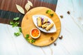 Fried Spring Rolls with chilli sauce served in dish isolated on wooden board top view on marble background hong kong food Royalty Free Stock Photo