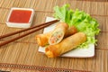 Fried spring rolls, one cut, on a plate