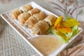 Fried spring rolls and plum sauce. Royalty Free Stock Photo
