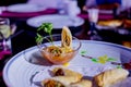 Fried spring rolls with red and white sauces, served in white plate with fresh green salad over gray background. Asian Royalty Free Stock Photo