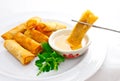 Fried springroll dip into sweet plum sauce Royalty Free Stock Photo