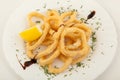 Fried squid calamari rings with lemon on white plate Royalty Free Stock Photo