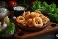 fried squid rings with mayonnaise sauce on wooden board and fresh vegetables, Generative AI Royalty Free Stock Photo