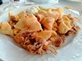 Fried squids, calamari on white plate with tartar sauce