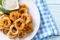 fried squids or octopus (calamari) with sauce Royalty Free Stock Photo