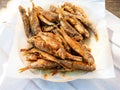 Fried surmullet fishes on white paper napkin Royalty Free Stock Photo