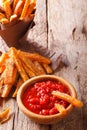 Fried sweet potato slices with herbs and tomato sauce closeup. v Royalty Free Stock Photo