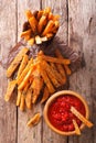 Fried sweet potato slices with herbs and tomato sauce closeup. v Royalty Free Stock Photo
