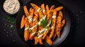 fried sweet potatoes with gravy. Selective focus.