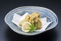 Fried tempura vegetables with fresh lime in platter Royalty Free Stock Photo