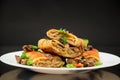 fried thin pancakes stuffed with meat and mushrooms.