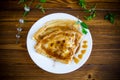 Fried thin pancakes with sweet caramel in a plate