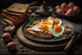 Fried Toast bread with four different types of cooked chicken eggs. AI generated Royalty Free Stock Photo
