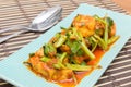Fried Tofu with chinese kale in red curry saurce Royalty Free Stock Photo