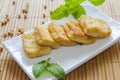 Fried tofu cubed in a white plate close up Royalty Free Stock Photo