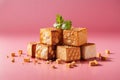 Fried tofu isolated on pink background