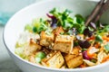 Fried tofu salad with sprouts and sesame seeds in white bowl. Vegan food, asian food concept Royalty Free Stock Photo