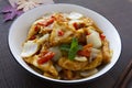 Fried tofu stir fry with onion close up. Chinese food Royalty Free Stock Photo