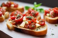 Fried tomatoes with cheese basil on toast baguettes bruschetta with gourmet oil.