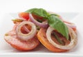 Fried tomatoes witn onion rings and celery leaves Royalty Free Stock Photo