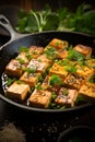 Fried vegan tofu cheese with sauce and herbs in a pan