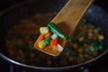 Fried vegetable mix on black skillet. Stewed sliced vegetables on a pan. Frozen vegan breakfast preparation. Using paddle