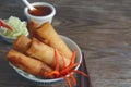 Fried vegetable spring rolls with fresh ingredients served with sweet chili sauce. Royalty Free Stock Photo