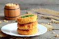 Fried vegetarian patties on a plate. Tasty patties made with boiled crushed peas, eggs, flour and spices. Vegetarian meal idea