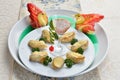 Fried wanton with cocktail and duck apple on white plate in rest Royalty Free Stock Photo