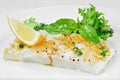 Fried white fish fillet with lemon slices, fresh arugula and basil Royalty Free Stock Photo