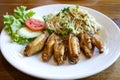 Fried wing chicken with spicy rice flour noodle salad. Royalty Free Stock Photo