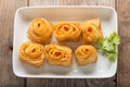 Fried wonton flower shape in white dish. Royalty Free Stock Photo