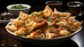 Fried Wontons with Chilli Flakes and Spring Onion on Selective Focus Background