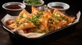 Fried Wontons with Chilli Flakes and Spring Onion on Selective Focus Background